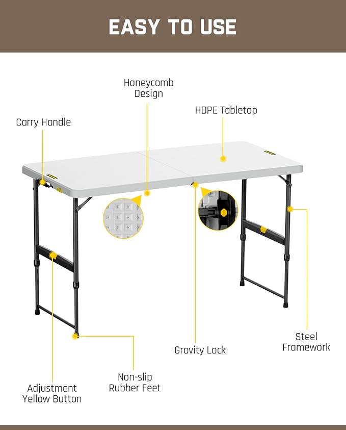 FanttikOutdoor 4ft Portable Folding Table, One-Handed Height Adjustment, 4 Heights, Gravity Lock, Carry Handle, Indoor Outdoor Heavy Duty Fold-in-Half Utility Table, Party, 2-Pack, Grey Zeta X4 Pro