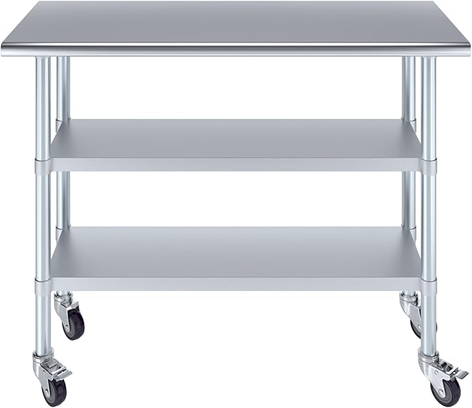 AmGood Stainless Steel Work Table with 2 Shelves and Casters | Metal Utility Table On Wheels (Stainless Steel Work Table with 2 Shelves + Casters, 48" Long x 18" Deep)