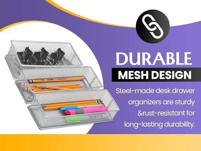 YBM HOME Silver Mesh Drawer Cabinet and or Shelf Organizer Bins, School Supply Holder Office Desktop Organizer Basket 1611s (1, 6x15x2 Inch)