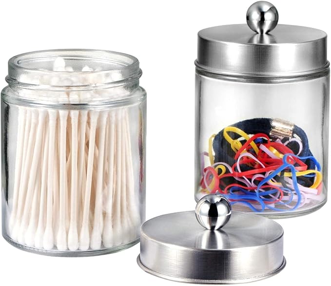 Amolliar 6Pc Apothecary Jars Bathroom Vanity Organizer- Rustic Farmhouse Decor Storage Canister&Stainless Steel Lids- Qtip Dispenser for Q-Tips,Cotton Swabs,Rounds,Ball,Flossers (Brushed Nickel)