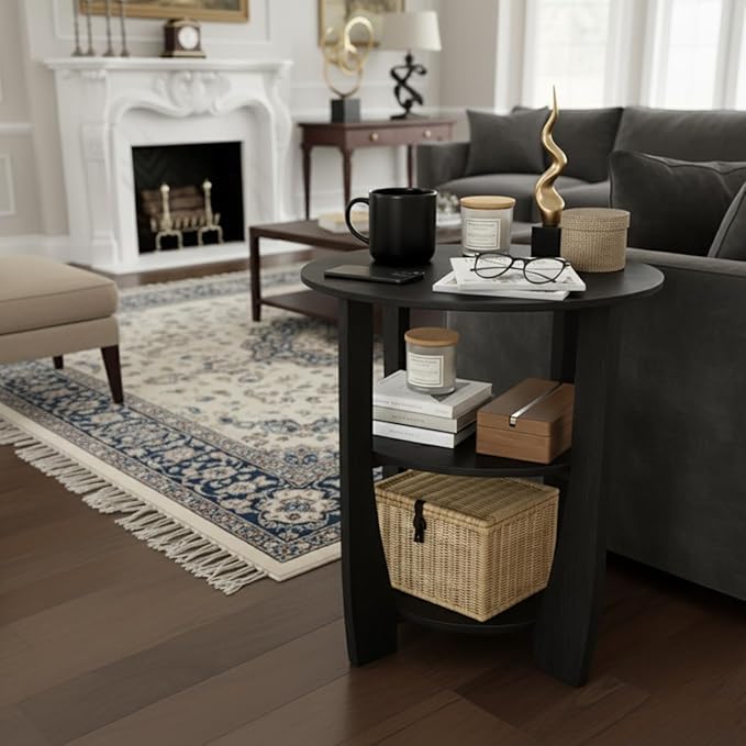 Round End Table with Storage Shelf,3 Tier Modern Side Table, Sofa Recliner Side Table,Accent Coffee Table,Nightstand for Living Room Bedroom for Small Spaces,19.7" D x 21.7" H