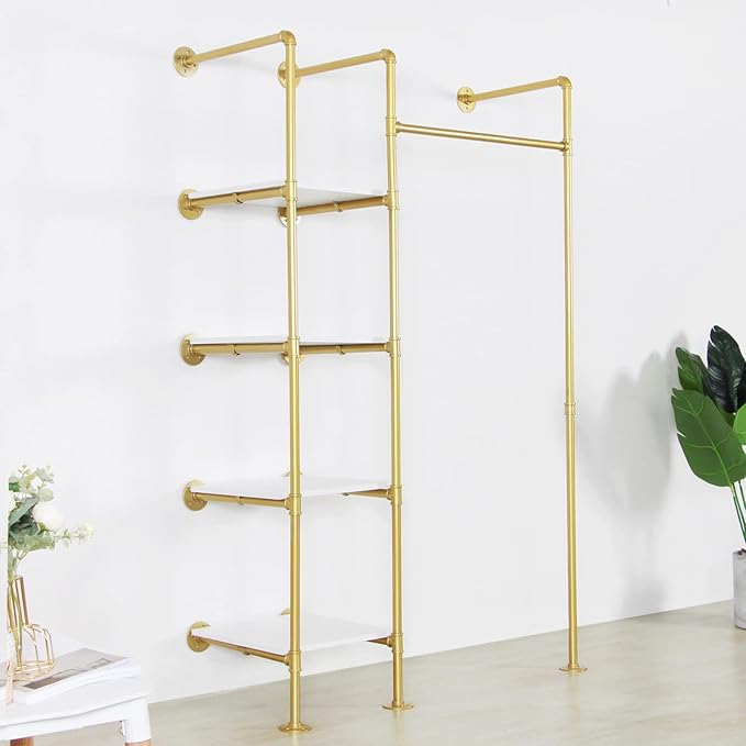 Garment Rack Heavy Duty Clothes Rack for Hanging Clothes, Metal Freestanding Closet Wardrobe Shelf, Gold Industrial Pipe Clothing Racks with Shelves Closet Rods System
