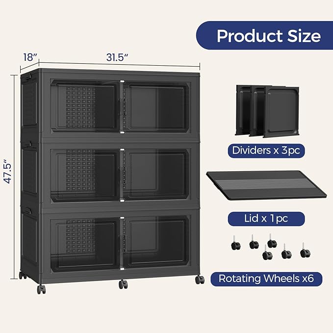 150Gal Stackable Storage Bins with Lid, 600Qt Extra Large Collapsible Storage Box with Wheels, Dividers, Folding Plastic Cabinet Closet Organizers for Home Kitchen Office Dorm, 3Pack Black