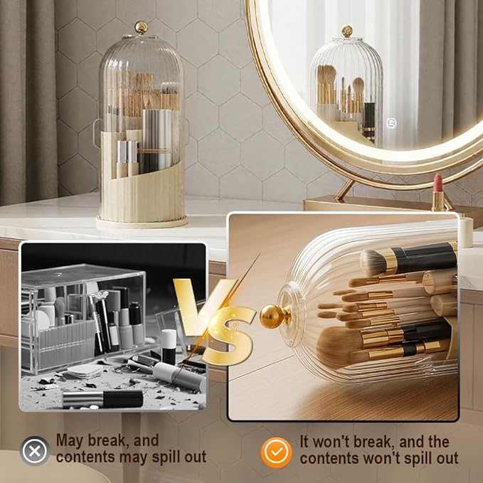 Covered 360° Rotating Makeup Brush Holder, Makeup Organizers with Lid, Clear Cover Brush Holder with Transparent Door Lid for Desktop, No Dust Toothbrush Holders for Vanity and Bath (Clear black)