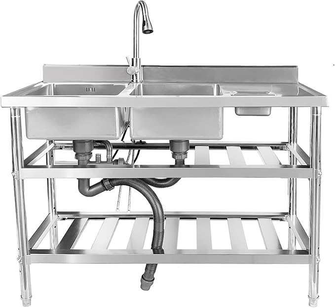 Qian Kun Free Standing 304 Stainless Steel Utility Sink with Pull Down Sprayer & Drain Pipe | NSF Certified Outdoor/Commercial Kitchen Sink (47.2 Doble Bowl Right)