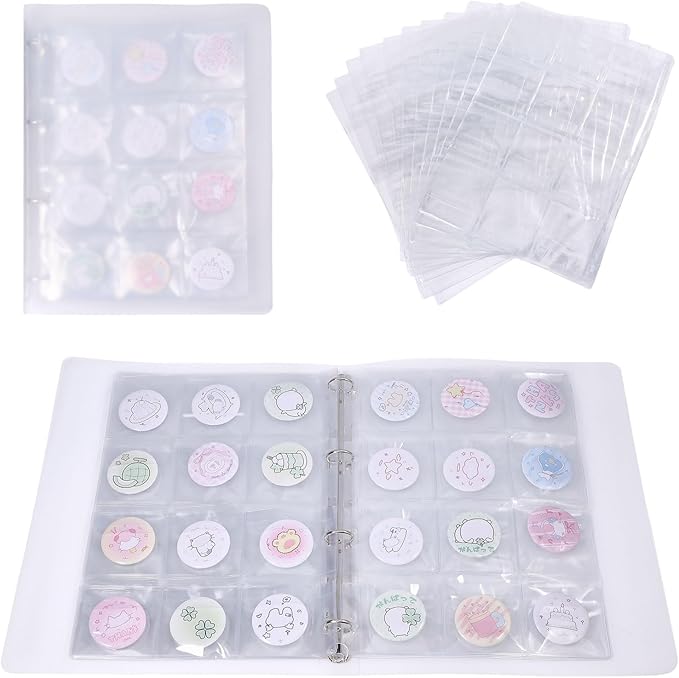 FREEBLOSS 144 Pocket Buttons Badge Pin Storage Book Transparent PVC Button Pins Display Album 12 Sheet Pin Pocket Pages Ring Binder Collection Holder for Pins Collection Display