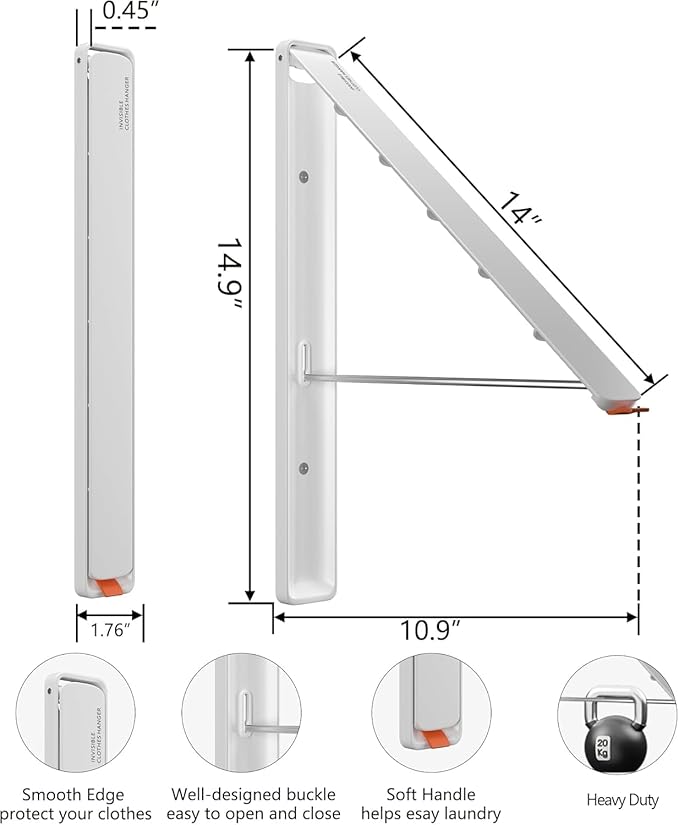 Dr.DJ Clothes Drying Rack Wall Mounted, Retractable & Foldable Clothes Hanger for Laundry Room Organization and Storage, Clothes Hanger Rack for Dorm, Closet, Balcony, Laundry Room(2Pack, White)