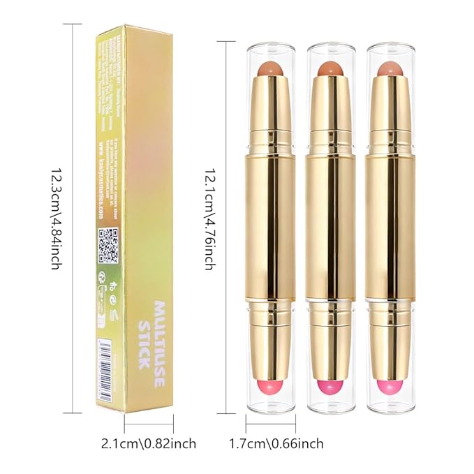 evpct 3Pcs 2In1 Blush Contour Multiuse Makeup Sticks Set, Pink Rose Berry Tan & Nude Brown Creamy Butter Blush Bronzer Contour Multiuse Stick for Cheeks Lips Eyes Faces, Ultra-Creamy Radiant Finish