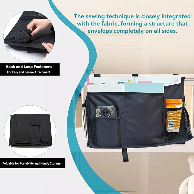 Bedside Caddy Storage Organizer Bunk Bed Hanging Storage Bag for Crib Hospital Beds Dorm Rooms with 8 pockets (Black)