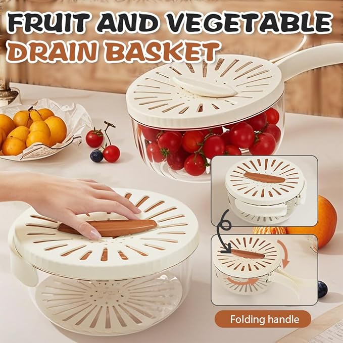 Multi-Functional Fruit and Vegetable Washing Bowl, Fruit Strainer Container with Lid, 2 In 1 Sealed Drainer Basket, Drainer and Freshness Basket, Kitchen Tool with Foldable Handle (White)