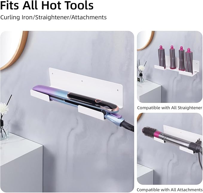 Dyson Straightener Holder, 2-Pack Stainless Steel Hair Tool Organizer, Hair Dryer Holder Wall Mount for, Adhesive Curling Iron Holder, Straightener Storage for Bathroom White BANJEKT
