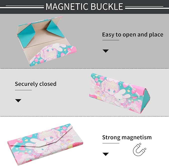 Foldable Glasses Case, Magnetic PU Leahter Sunglasses Case, Cute Hard Shell Folding Eyeglass Cases for Women Kids