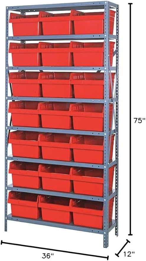 QUANTUM STORAGE SYSTEMS 1275-SB809RD Solid Heavy Duty 8 Shelves 21 STORE-MAX Red Bins 75" H x 36" W x 12" D