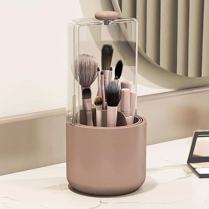 Makeup Brush Holder with Dustproof Cover, Clear 360 Rotating Make Up Brushes Organizer for Counter Vanity Bathroom, Pink