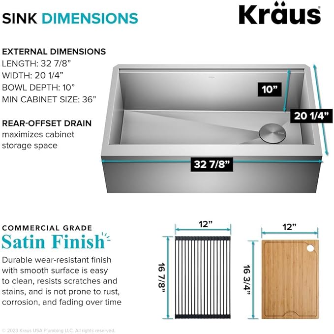 Kraus Kore 33-Inch Farmhouse Workstation with In Sink Dish Drying Rack, Stainless Steel Kitchen Sink, KWF410-33