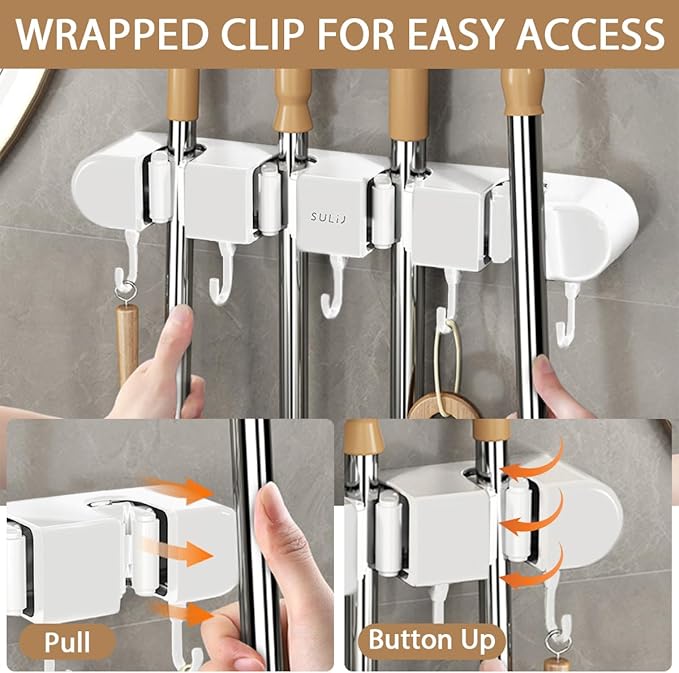 2Pcs Broom Holder Wall Mount, No-Drilling Self-Adhesive Mop and Broom Storage Rack with Hooks (4 Racks with 5 Hooks), Wall-Mounted Broom Hanger for Bathroom, Kitchen, Closet, Garage, White ﻿