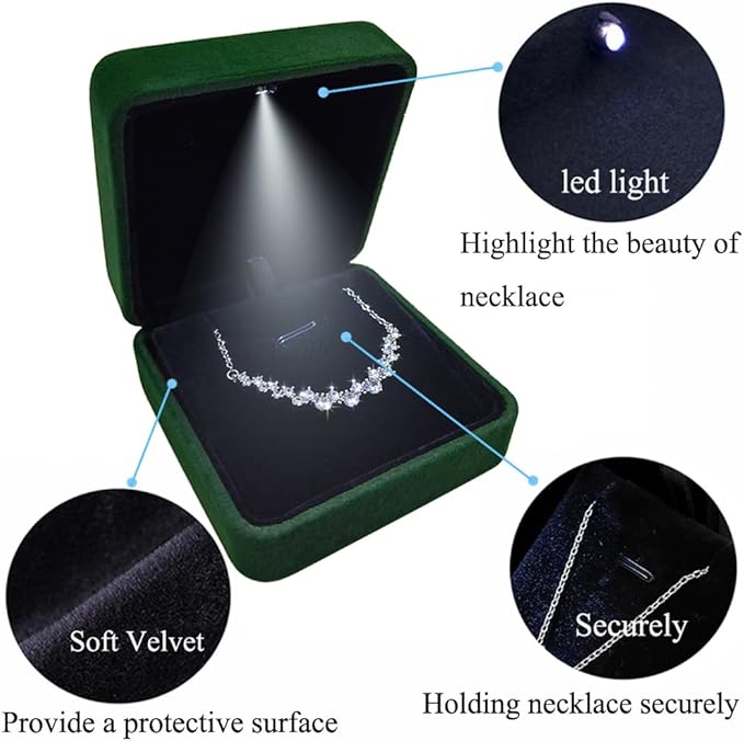 GBYAN Pendant Necklace Box with LED Light, Necklace Gift Box Velvet Jewelry Display Case for Proposal Engagement Wedding and Birthday,Emerald Green