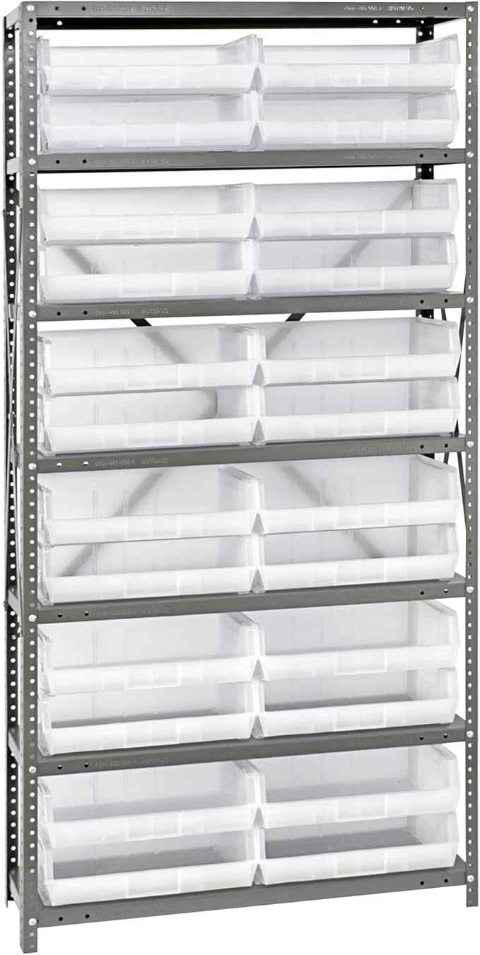 Quantum Storage Systems QSBU-245CL Solid Heavy Duty 7 Shelves 24 Ultra Stack & Hang Clear Bins 75" H x 36" W x 12" D