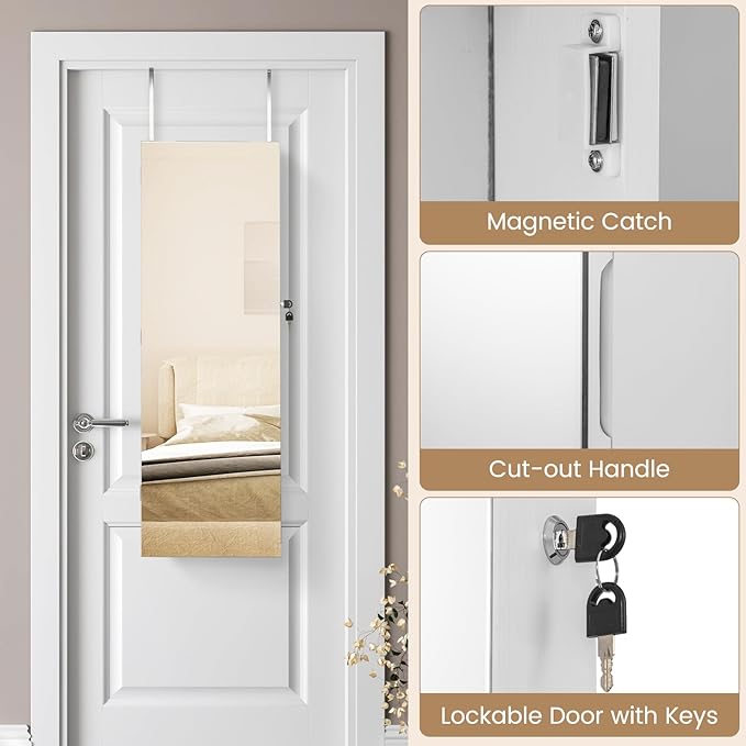 CHARMAID Jewelry Cabinet Wall or Door Mounted, Hanging Lockable Jewelry Armoire Storage with Full Length Mirror, Interior Makeup Mirror, Over the Door Jewelry Organizer Box with Mirror (White)