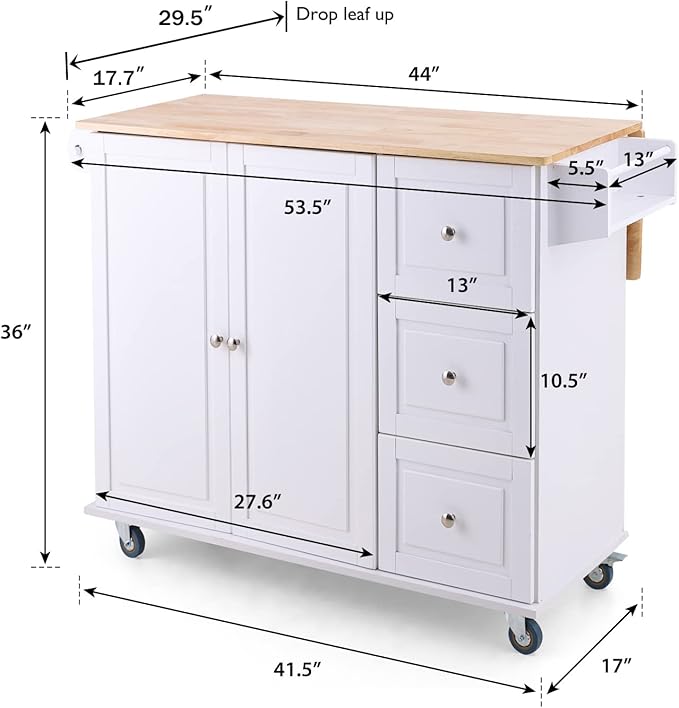 PHI VILLA Kitchen Island on Wheels Portable Kitchen Cart with Drop Leaf, Rolling Kitchen Island with Storage