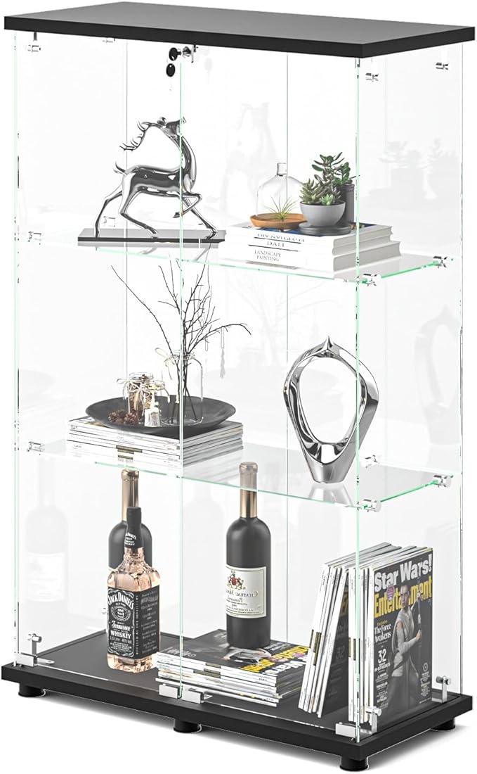 VINGLI Glass Display Cabinet with 3 Shelves, Double Doors and Lock, Floor Standing Curio Cabinets with LED Light, Upgraded Tempered Glass Bookshelf, for Living Room Living Room Bedroom Office, Black