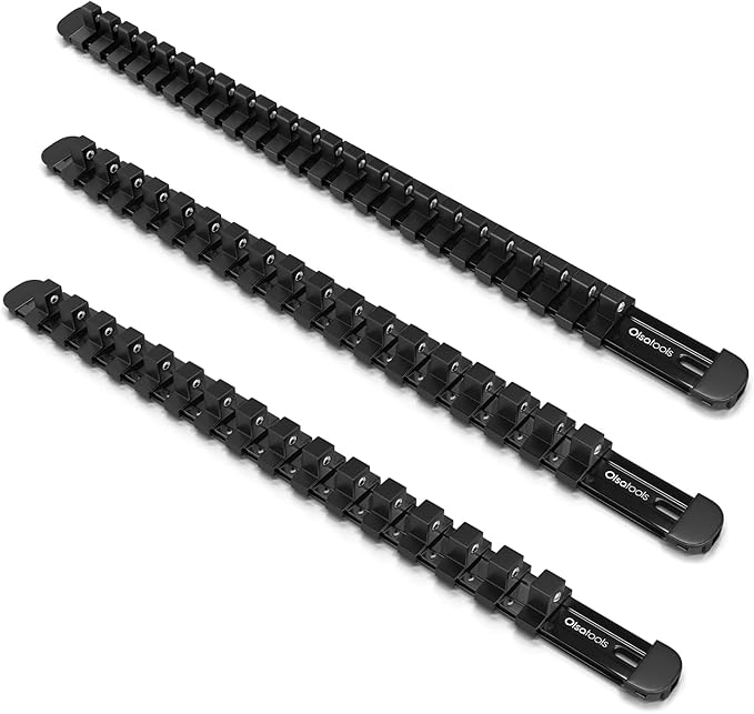 Olsa Tools Aluminum Socket Organizer, 3pc Set - Locking End Caps - 1/4-Inch Drive x 24 Clips, 3/8-Inch Drive x 18 Clips, 1/2-Inch Drive x 16 Clips - Professional Grade - Black - Part: 1181