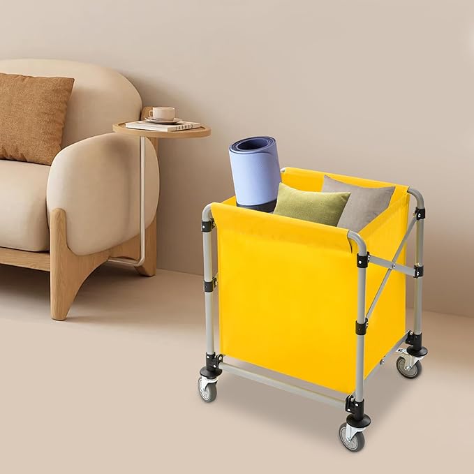 Commercial Laundry Cart with Wheels,Folding Laundry Hamper Cart,Heavy Duty Rolling Laundry Basket with Large Capacity,Laundry Sorter Trolley for Home Hotel Apartment (Yellow, 23.62 * 19.69 * 23.62in)