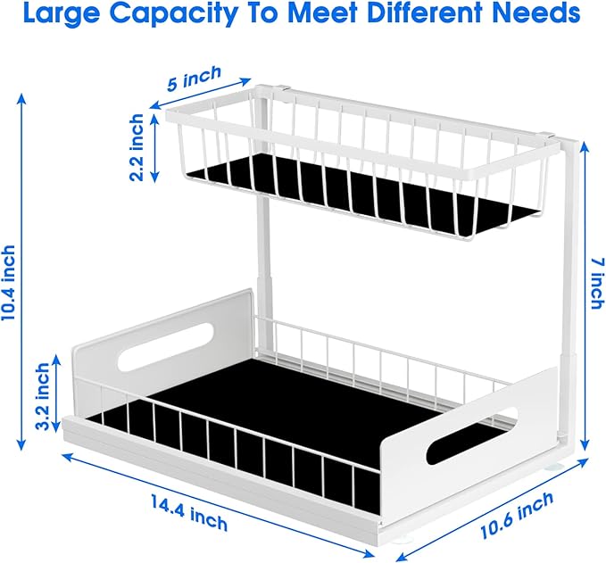2 Pack Under Sink Organizer, 2 Tier Under Sink Organizers and Storage Multi-Purpose Under Sink Storage for Bathroom Kitchen (White)