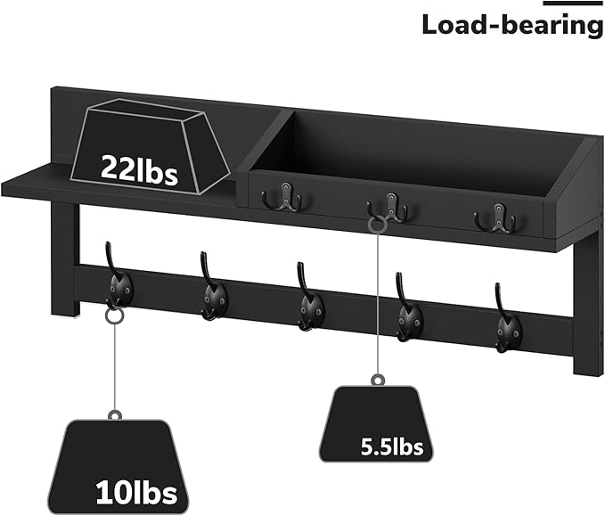 AMBIRD Wall Hooks with Shelf - 26.57" Entryway Wall Hanging Shelf Wood Coat Hooks and Key Holder (Black)