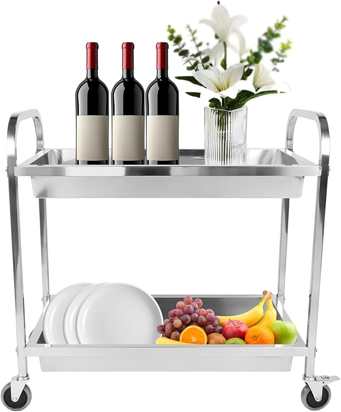Stainless Steel Kitchen Cart with Lockable Wheels Food Storage Service Trolley Mobile Dining Car Trolley Dining Cart Kitchen Cart Utility Cart Metal Mobile Food Rolling Car 400lbs Capacity