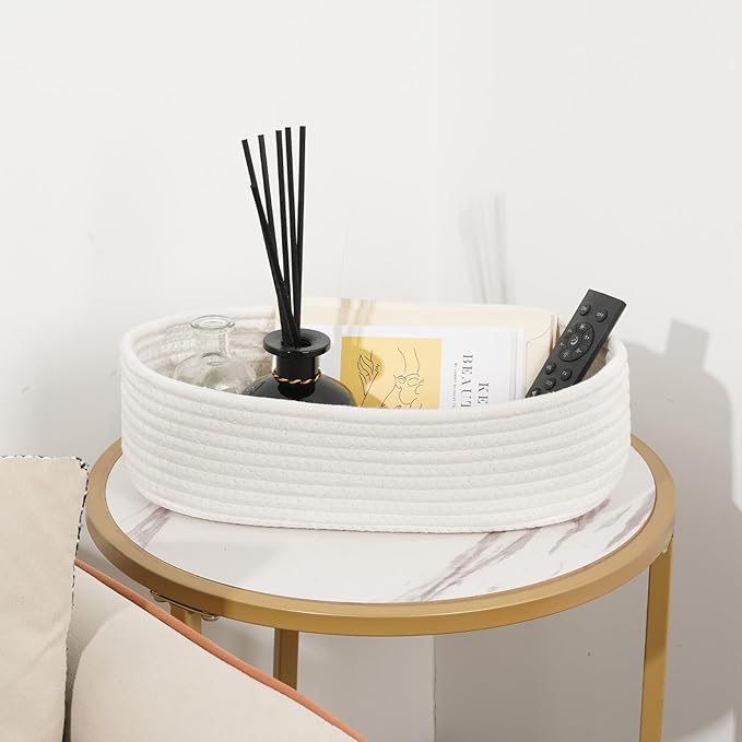 Temary Bathroom Organizer Bin, Toilet Paper Rope Baskets with Handles, Set of 2 Small Foldable Storage Bin for Toilet Tank Top Boho, Narrow Rectangle Baskets for Organizing (White, 13x5.9x3.9)