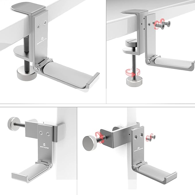 Foldable Headphone Stand and Hook – Aluminum Headset Holder Clamp Mount Under Desk, Universal Fit for Gaming Headphones, Space-Saving Hanger Organizer