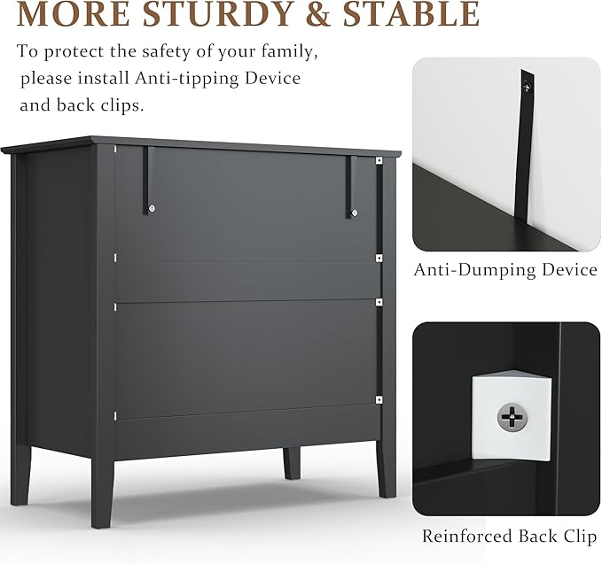 RoyalCraft Black Fluted 3 Drawer Dresser, 32 inch Wide Dresser Nightstand for Bedroom, Modern Wood Chest of Drawers, Large Painted Nightstand with 3 Drawers for Closet, Hallway, Entryway