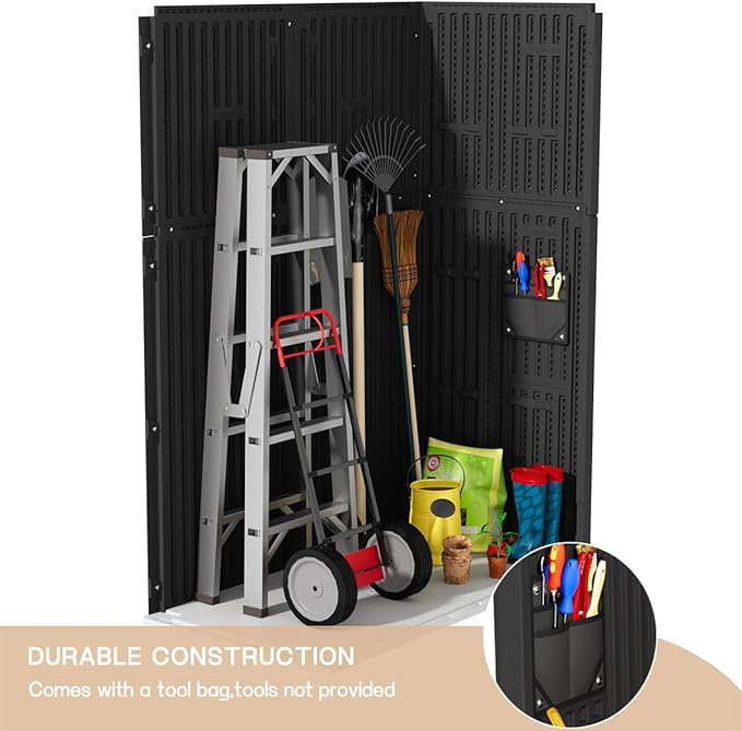KINYING Outdoor Storage Cabinet Waterproof, 57 Cu.ft Resin Vertical Outdoor Storage Shed for Patio Furniture, Garden Tools, Pool Accessories, Mower Storage (Black)