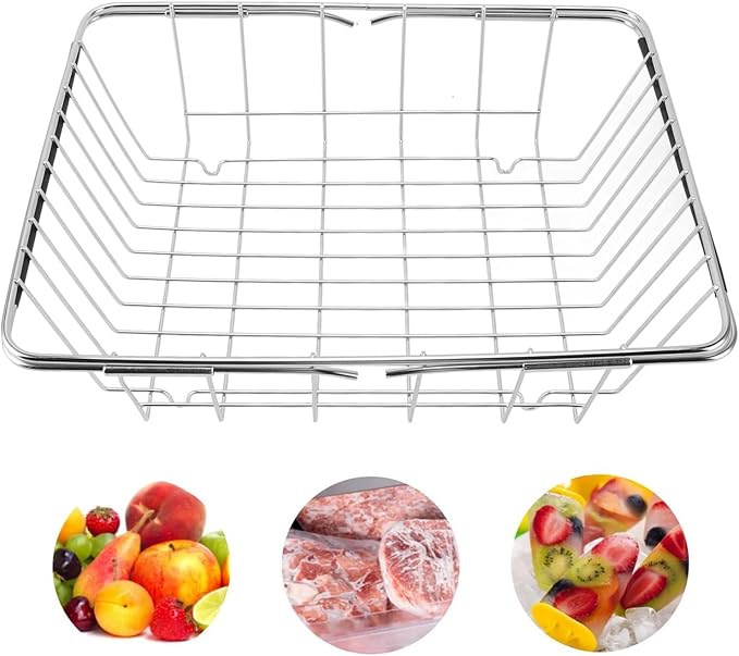 Tyenaza Freezer Organizer Bin Stainless Steel Expandable 20KG Load Bearing Freezer Storage Basket Flat Bottom