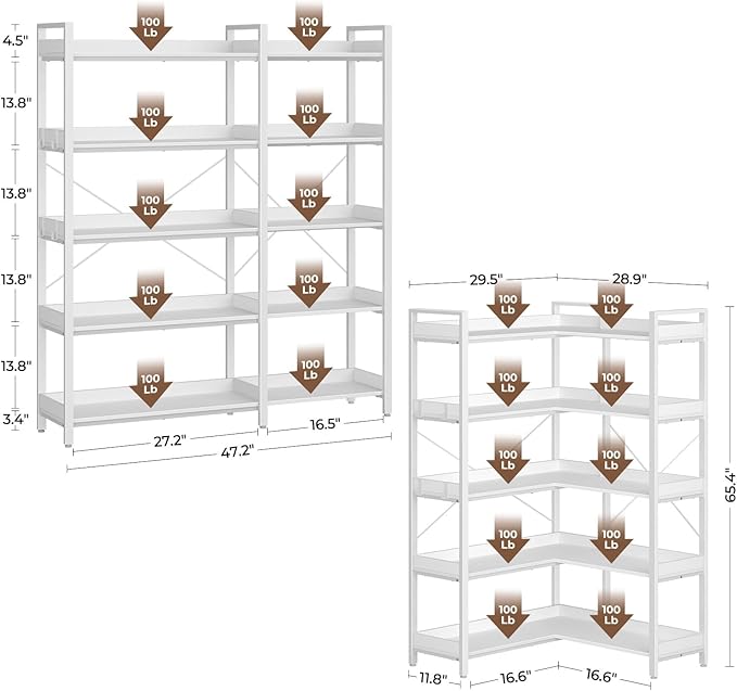 Rolanstar Bookshelf 5 Tier with 4 Hooks, Reversible Corner Bookshelf, 65" Industrial Wooden Bookcase with Open Shelves and Metal Frame for Living Room, Bedroom, Home Office, White
