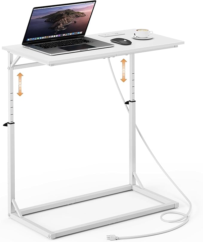 Vagusicc C Shaped End Table with Charging Station, C-Table End Table Adjustable Height Side Table for Couch, Large Couch Table, Slide Under Sofa Table TV Tray Arm Table for Living Room, Bedroom, White