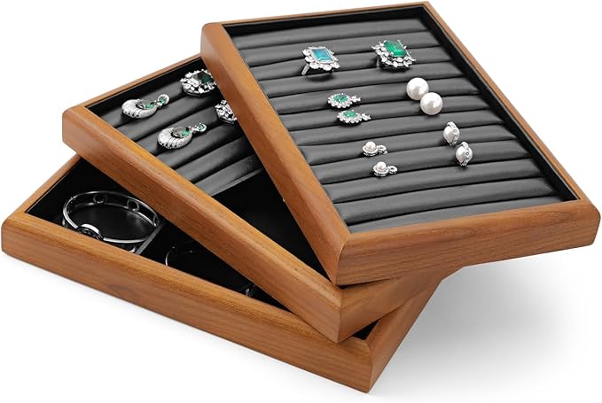 Oirlv Solid Wood Multifunctional Ring Earrings Studs Bangle Jewelry Organizer Tray Jewelry Drawer Organizer(Black)