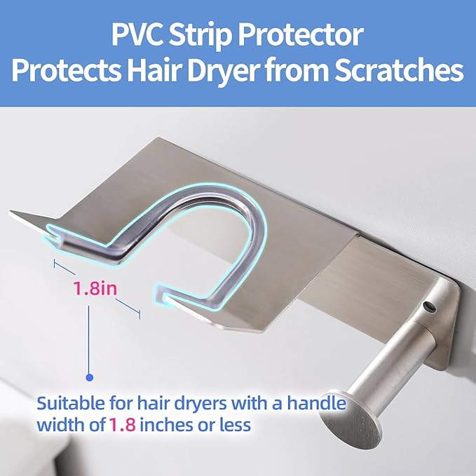 Hair Dryer Holder Stainless Steel, Blow Dryer Holder Self Adhesive, Dyson Hair Dryer Holder Wall Mounted Compatible with Dyson, Hairdryer Holder for Bathroom Silver PTALSEAW