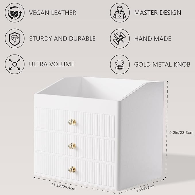 Vanity Organizers,Luxury Skincare Organizer with 3 Tier Drawers,Beige White Large Capacity Cosmetic Organizer Countertop for Makeup Brush,Dresser,Bedroom,Bathroom,Mom Gifts,Mom Birthday Gifts
