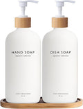 Vine Creations White Glass Soap Dispenser Set, Hand Soap and Dish Soap Dispenser Set with Bamboo Tray, 16 oz Glass Dispensers Bottle for Kitchen and Bathroom Decor Modern Boho with Bamboo Pump (White)