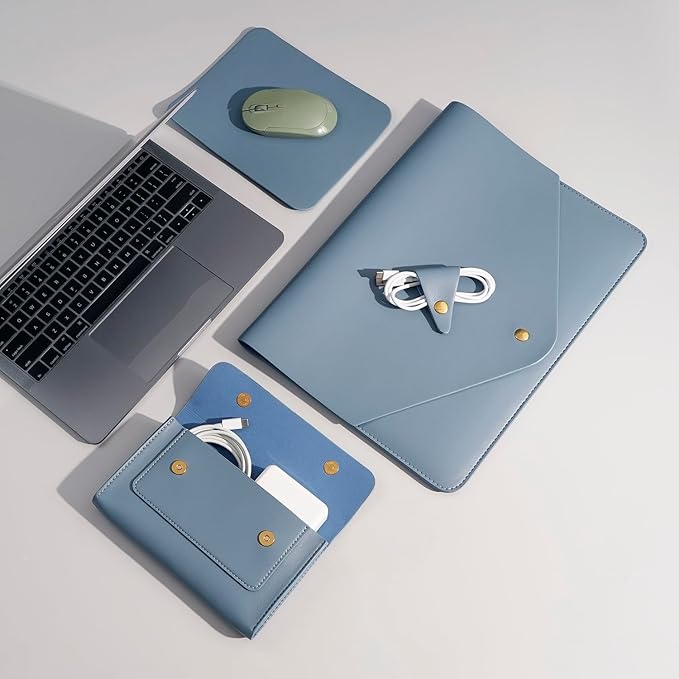 PU Leather Laptop Sleeve - Compatible with 15.3 inch MacBook Air, Surface Book, Laptop Studio - Blue