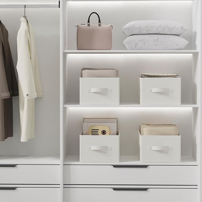 Fabric Storage Boxes for Shelves, 3 Pack Foldable Cloth Bins, Closet Organizers System with 2 Handles, Durable and Sturdy, Saving Space, White & Ivory, 16.1 x 9.8 x 6.5 In, XSNY11WM-3