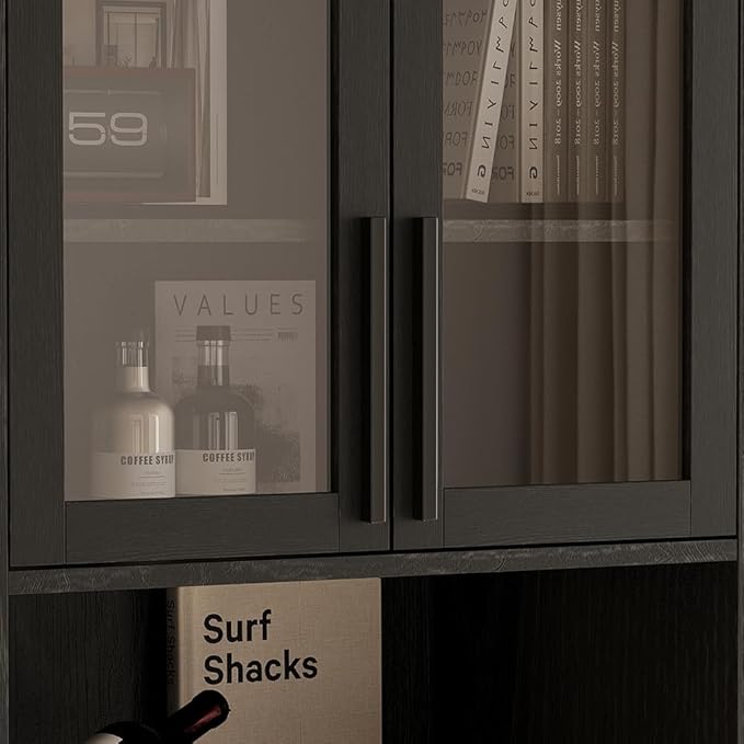 TUSY 70.9“ H Bookcase with Doors, 6-Tier Bookshelf with Open Shelf, Display Curio Cabinet with Glass Door, Narrow Display Bookcase for Home, Office, Clinic, Pantry (Black)