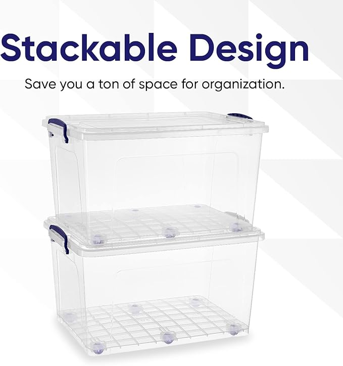 Superio Storage Bins with Lids- Clear Boxes for Organizing, Stackable Plastic Containers- BPA Free, Non-Toxic, Odor Free, Organizer for Home, Office, Dorm (8 Pack, 44 Qt (Wheeled))