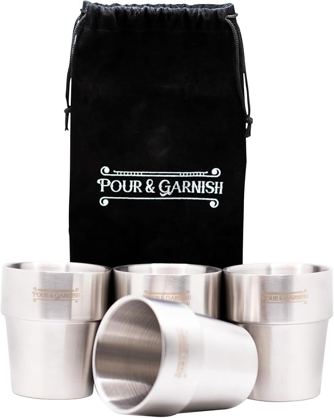POUR & GARNISH Bourbon, Whiskey & Wine Double Bottle Travel Bag – Vegan Leather Spirits Carrier with 4 Stainless Steel Insulated Glasses & Gift Pouch – Luxury Barware Gift