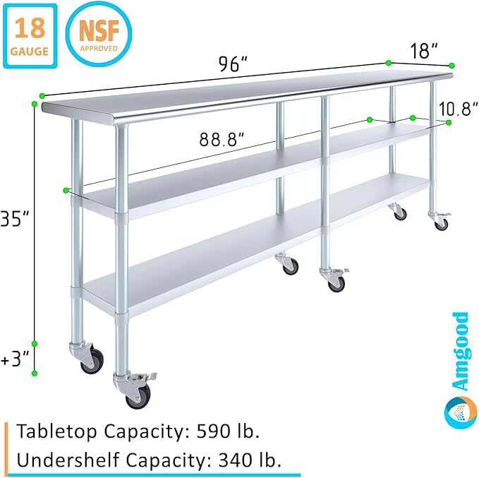 AmGood Stainless Steel Work Table with 2 Shelves and Casters | Metal Utility Table On Wheels (Stainless Steel, 96" Long x 18" Deep)