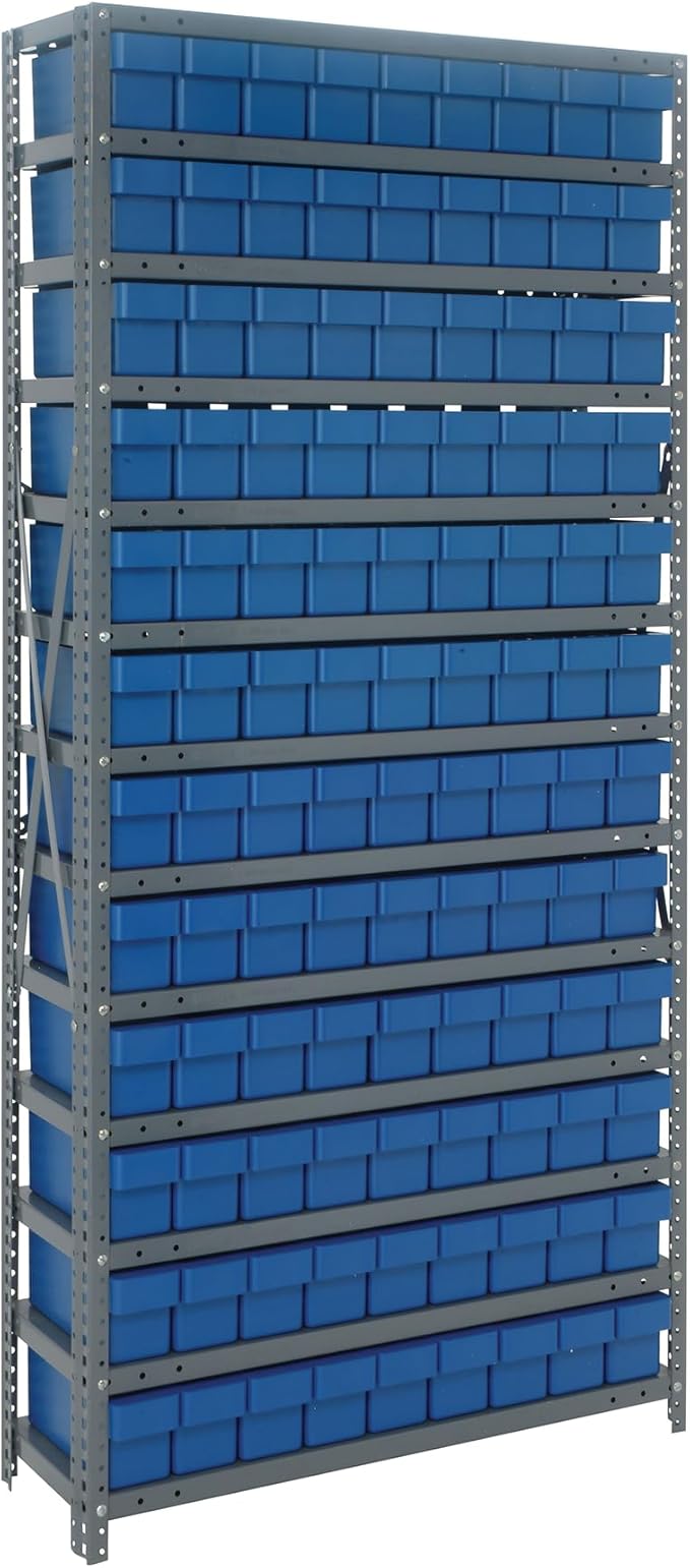 Quantum Storage Systems 1875-604BL Solid Heavy Duty 13 Shelves 108 Super Tuff Euro Blue Bins 75" H x 36" W x 18" D