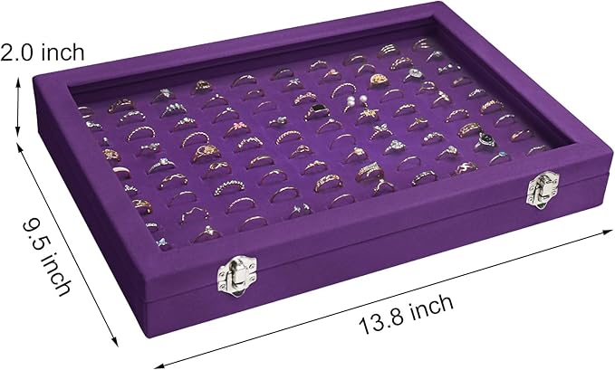Ring Display Tray Organizer Box with Transparent Lid, 100 Slot Ring Holder Showcase For Store Display Jewelry Show Home, Ring Organizer For Jewelry Rings, Studs Earrings (Purple)