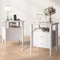 White Night Stand Set 2, Vintage Nightstand with Charging Station, Modern Bedside Table with 2 Drawers, End Table with Solid Wood Legs, Bed Side Tables for Bedroom, White